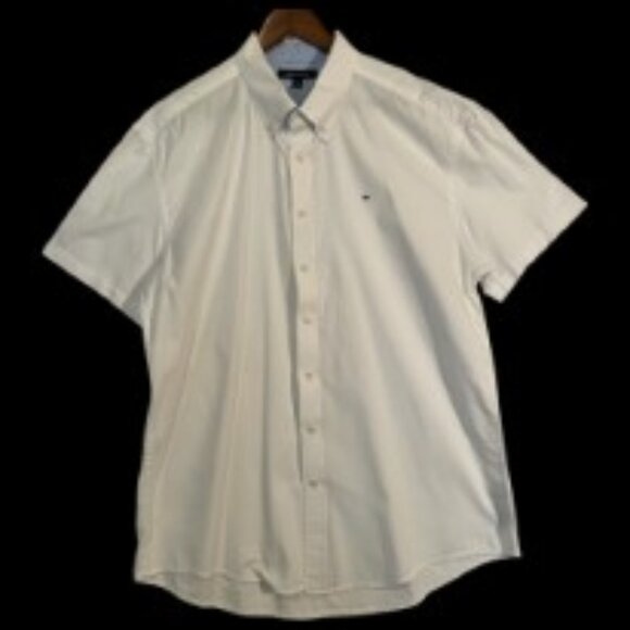 TOMMY HILFIGER MENS WHITE 100% COTTON SHORT SLEEVE BUTTON DOWN SHIRT SIZE XXL - Picture 1 of 5